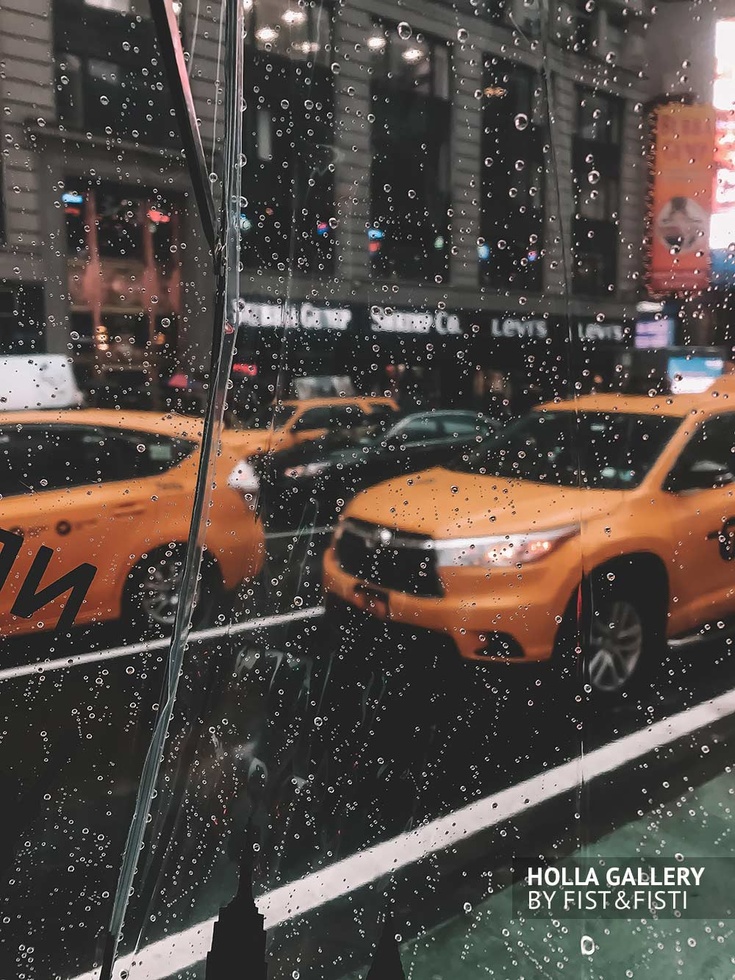 New York, отражение, капли, стекло, желтые такси, такси, yellow taxi