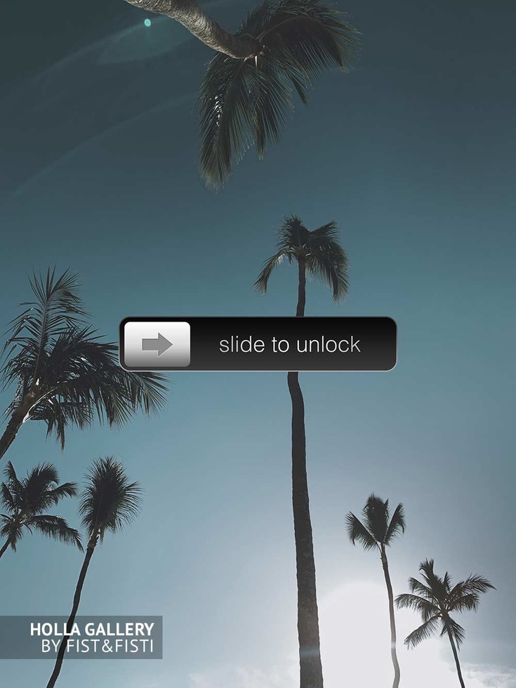 Slide to unlock значок на фотографии пальм и чистого неба. Доминикана, интерфейс iPhone. Постер для интерьера