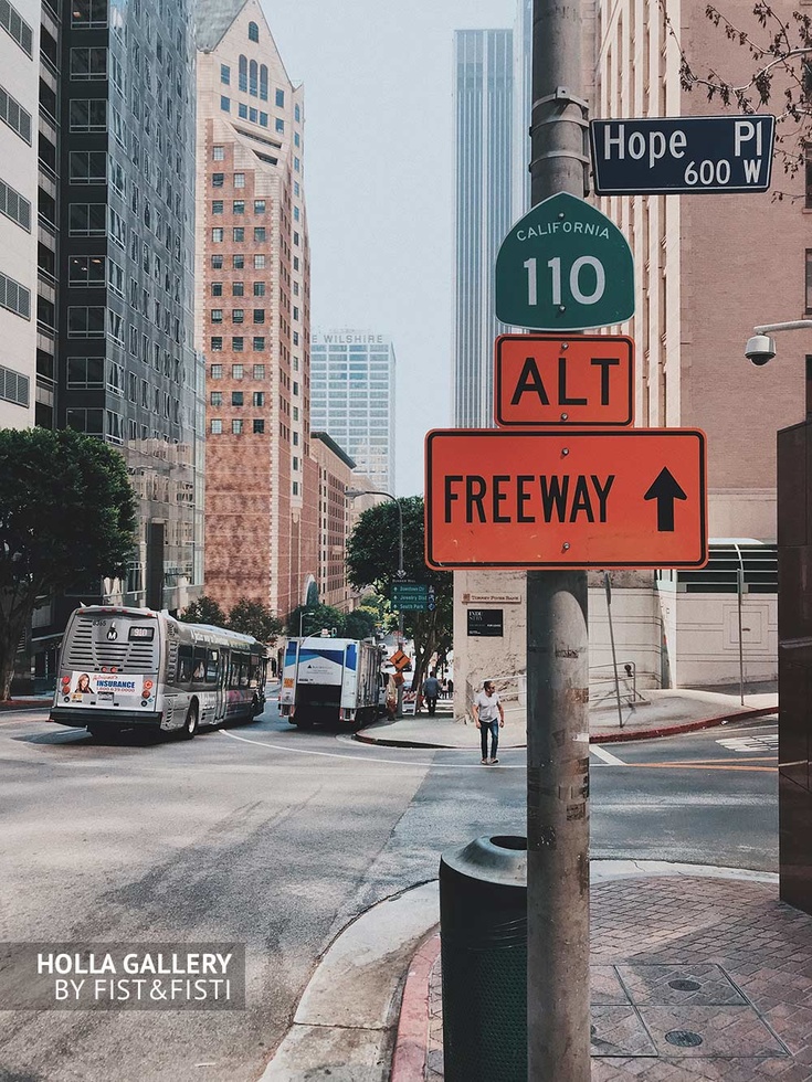 California, дорожный знак, freeway, небоскребы, автобусы, улица, USA