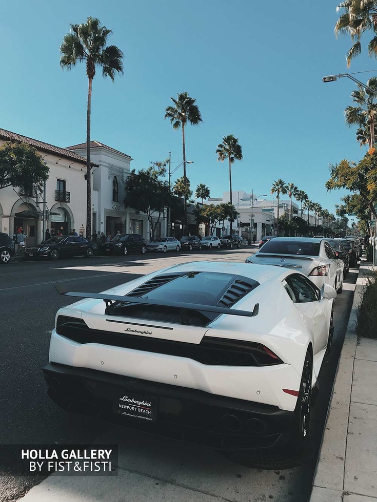 Припаркованная белая lamborghini среди пальм в Newport Beach. Плакат на стену. Спортивный автомобиль