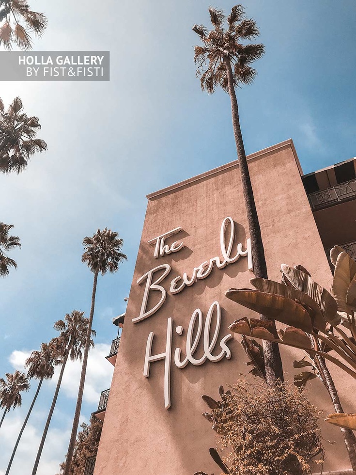 Отель Beverly Hills среди пальм в солнечном Лос Анджелесе, принты