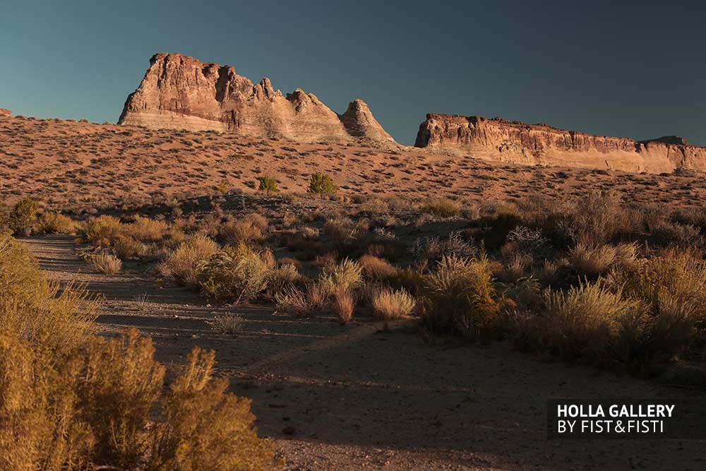 Пустыня в Utah на закате. Скалы, небо и кустарники. Фото картина